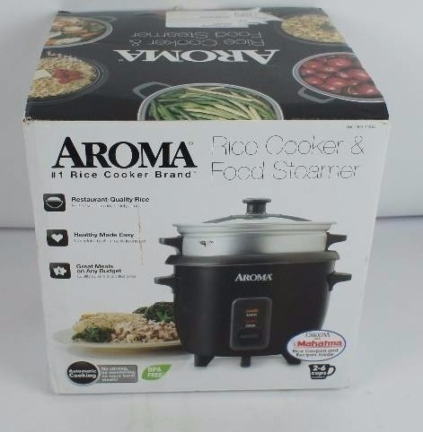 lot 17 image: Aroma 6-Cup Pot Style Rice Cooker and Food Steamer