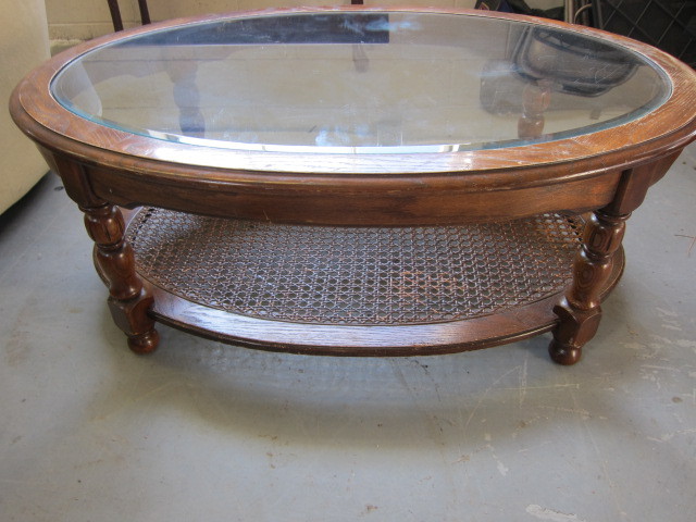 Glass and Wood with Caning Coffee Table