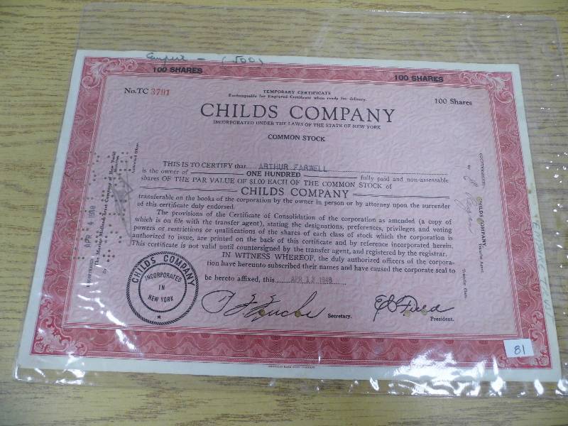 Childs Company Stock Certificate