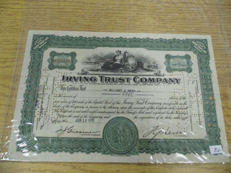 Irving Trust Company Stock Certificate