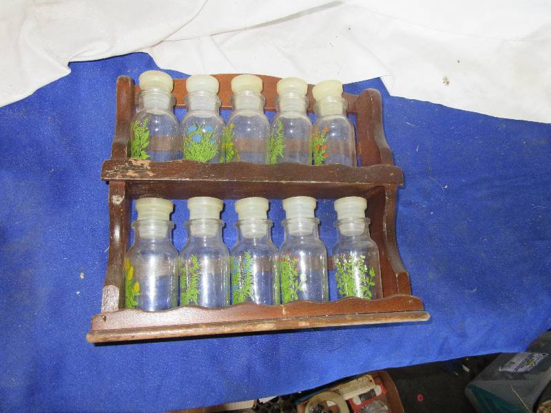 vintage spice rack and bottles
