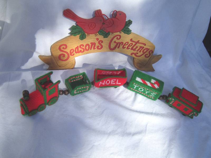 Christmas - Seasons Greeting Sign and Needlepoint Train