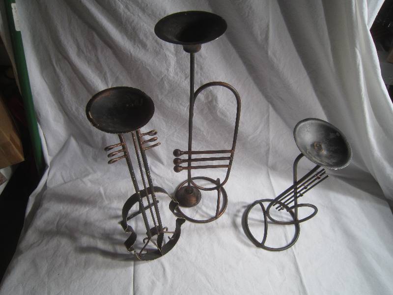 Set of 3 Metal Candleholders Trumpet, Guitar & Musical Staff