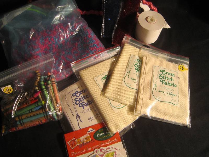 LOT - Sequins Headbands, Crayons, Stones for Crafts, NEW Cross Stitch Fabric