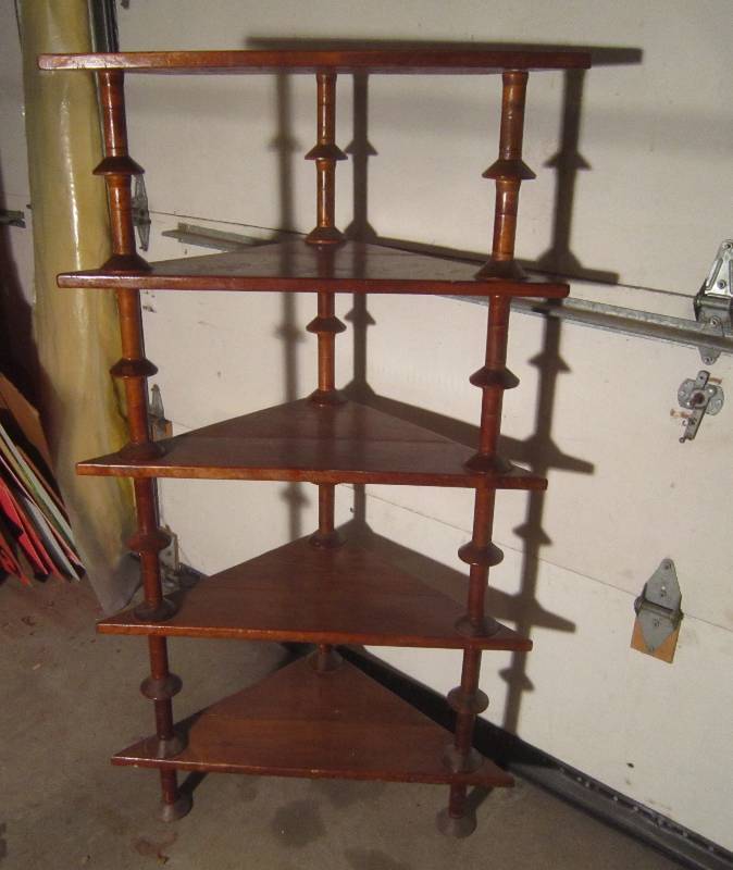 lot 844 image: Corner Shelf made out of Antique Spools 21x 29 12 x 54 34 H Corner to the front 15