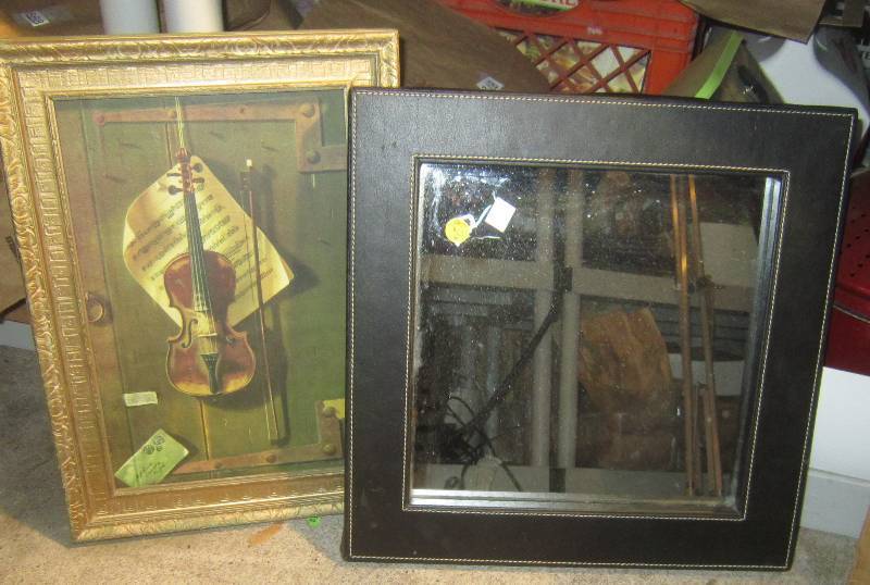 lot 887 image: Leather Black Frame Mirror & Violin Picture