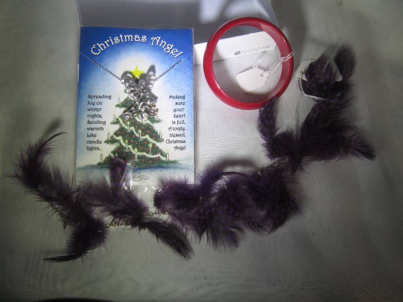 lot 898 image: Misc Lot - Bracelet, Feather Hair Clip, Angel Pin Necklace