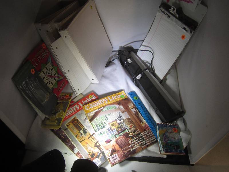 lot 913 image: LOT - Office supplies, Light 3 Ring Binders, COuntry Living Magazines, Paper, Map, Clipboard, ETC