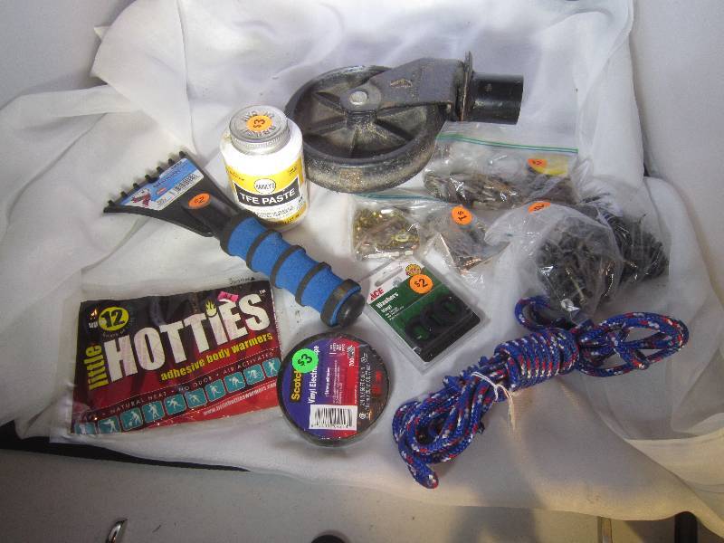 lot 936 image: LOT - Wheel, Rope, Electric Tape, Washers, Windshield Scrapper, Screws, Drill Bits, TFE Paste, ETC