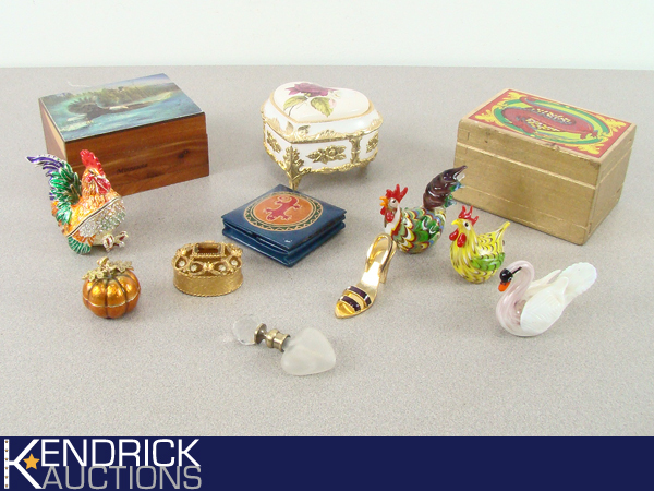 Lot of Jeweled Trinket Boxes, Small Glass Figurines, etc.