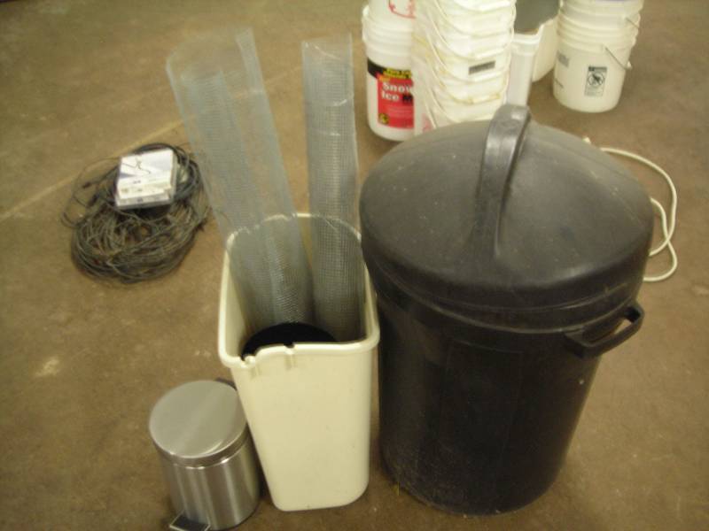 Large Garbage Can With Lid, Push Pedal Trash Can, Other Bin With Rolls Of Wire Fence