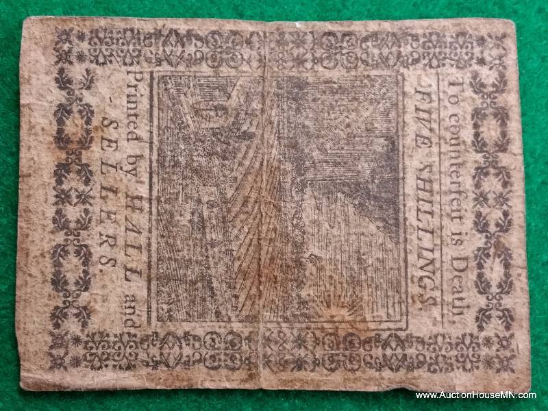 1773 Philadelphia Colonial 5 Shillings Note