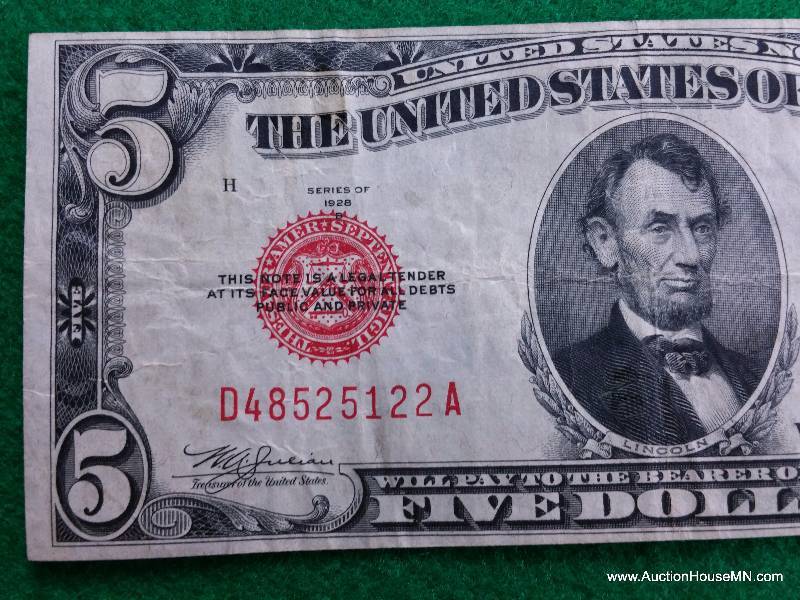 1928 Series $5 Red Seal Lincoln Note