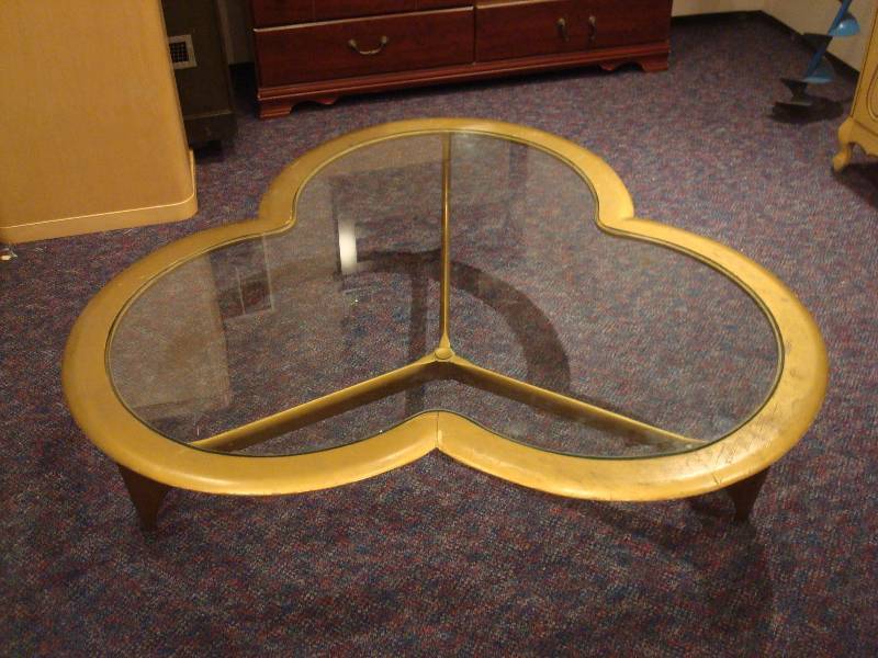 lot 1 image: Vintage Mid Century Modern LANE Clover Glass Coffee Table, Used, Some Wear, Marks