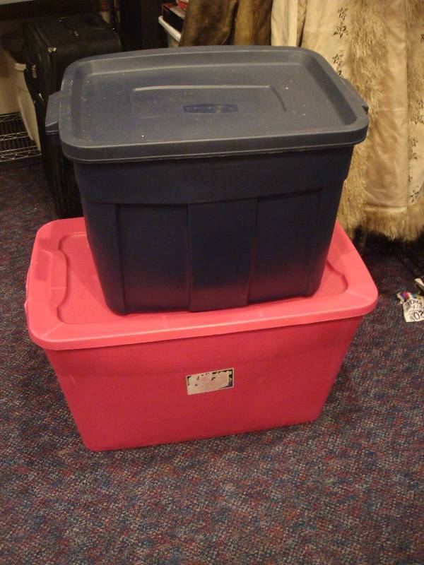 lot 50 image: Pair Of Two Storage Bins, One Has Some Decor Items In It