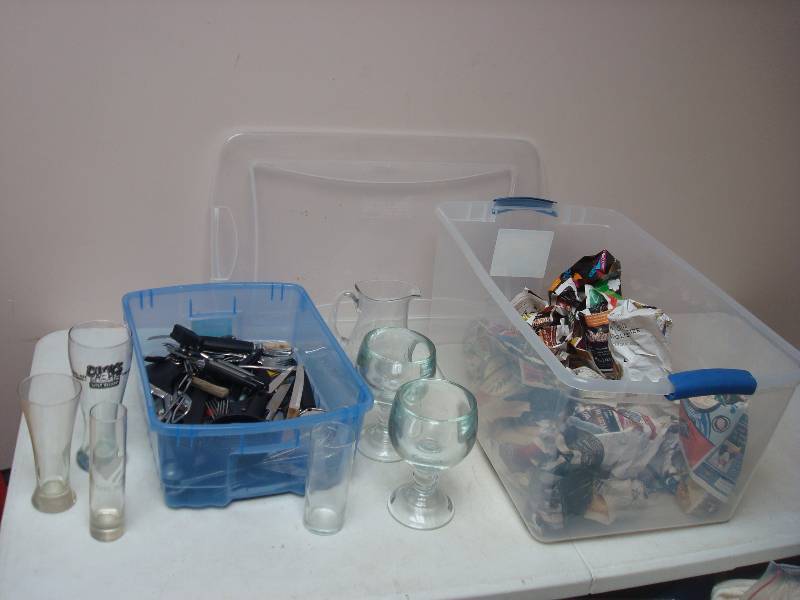 lot 58 image: Two Bins With Kitchen Items And Glasses