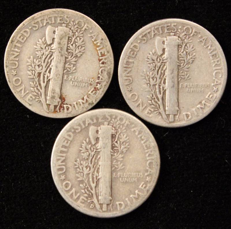 GROUP OF 3 SILVER MERCURY DIMES F-VF