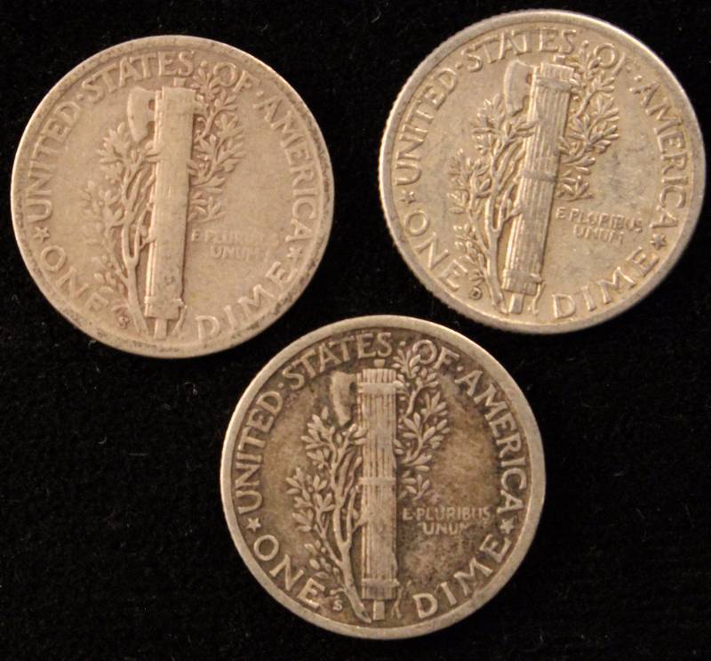 GROUP OF 3 SILVER MERCURY DIMES F-VF