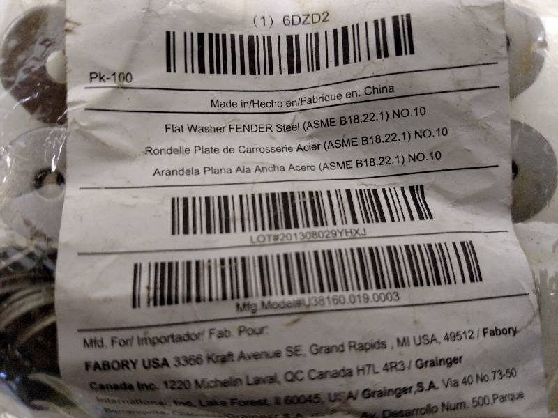 100 pk. No. 10 Fender Washers...