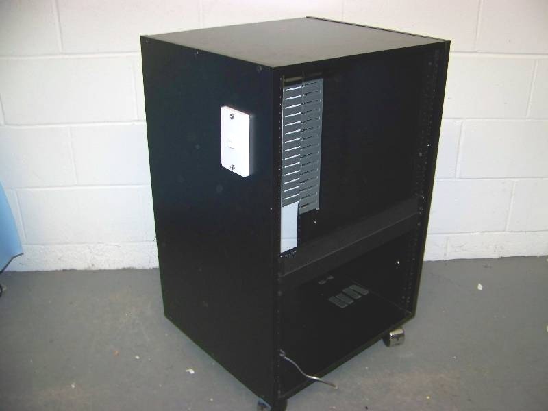 lot 98 image: Wood Encased, Audio  Video Equipment  Component Rack on Wheels