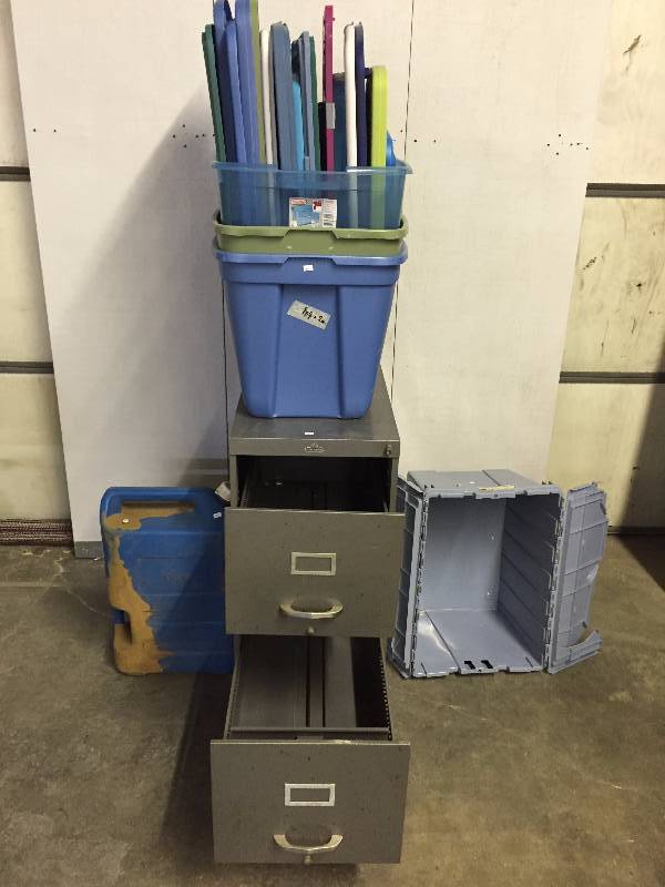 METAL FILING CABINET, PLASTIC TOTES AND JUG