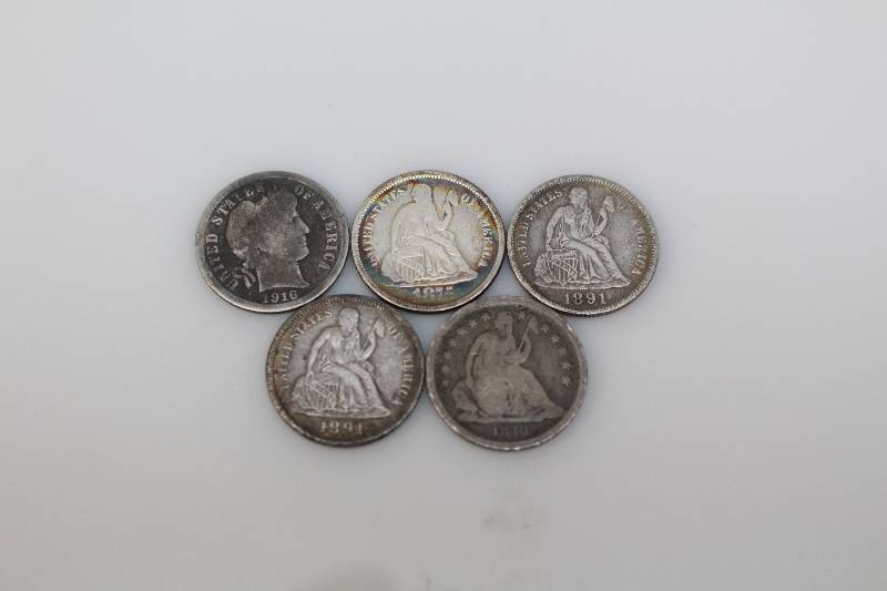 Lot of (5) Pre-1920 Dimes (1916, 1875, 1891, 1891, 1840)