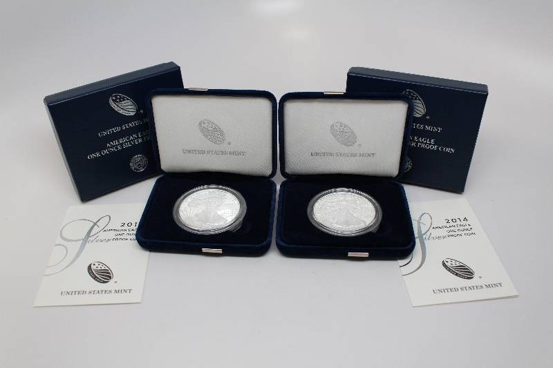 (2) 2014 Silver Eagle Proofs with Boxes and COAs