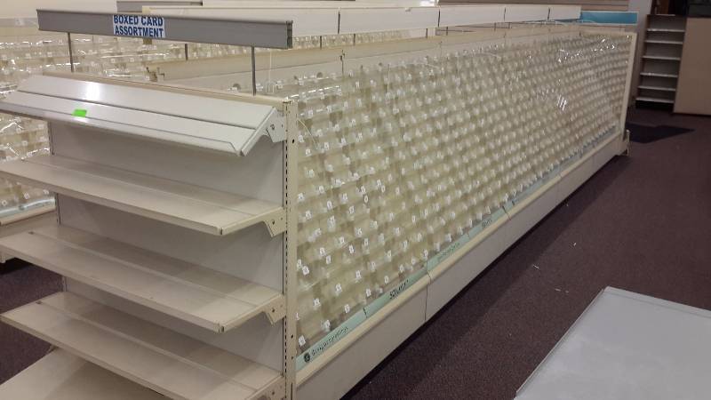 Free standing card display.. 5, 4ft x 4ft x 67 in h units with 2, End units unit.. Each 4 ft. w.