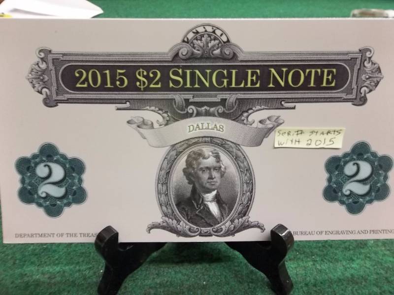 2015 US $2 Single Bill Note With Serial Number First 4 Numbers 2015