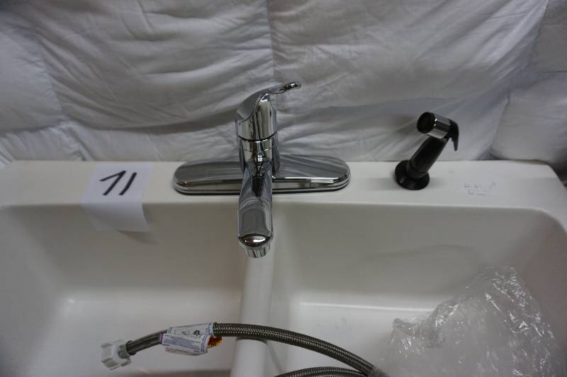 lot 71 image: Mont Blanc Bridgeport Dual Mount Composite Granite 33 in. 4-Hole Double Bowl Kitchen Sink in White With Faucet