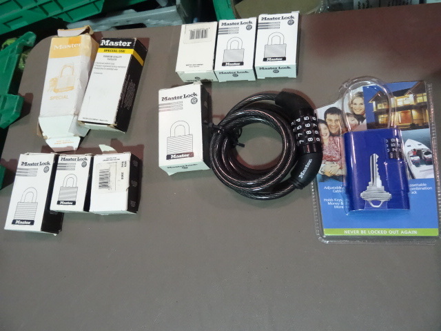 NEW Large LOT Padlocks, etc incl 8 x Master Keyed Padlock, Bike security cable and more