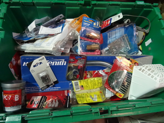 NEW LARGE LOT MISC HARDWARE incl. NPT Couplers, Painmt Rollrer, Garage Door Lock, Respirator, Wall Anchors AND SO MUCH MORE. GREEN BIN NOT INCLUDED