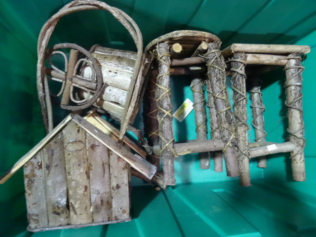 NEW Qty 4 Decorative Wood Items incl. Wheelbarrow Planter, 2 x Stools and Birdhouse Basket