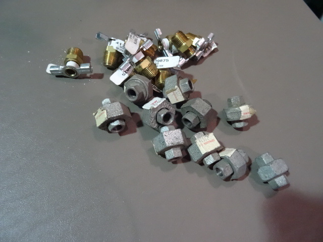 NEW LOT Plumbing Fittings incl 10 x 3  8 in Drain Cock and 10 galvanized unions