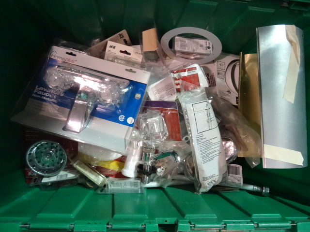 NEW LARGE LOT Plumbing Items incl Faucets, pipe fittings both PVC and Metal, Faucet Cartridges and SO Much More GREEN BIN NOT INCLUDED