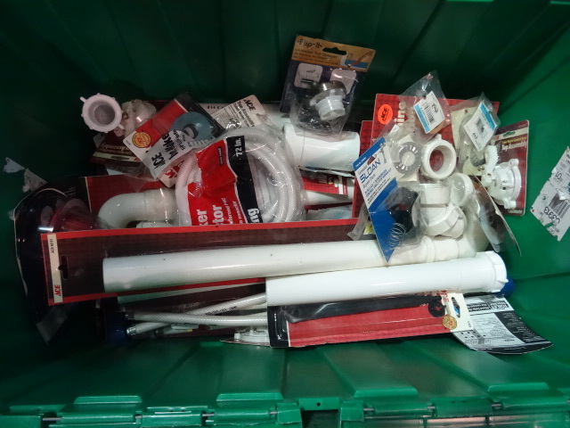 NEW LARGE LOT Plumbing Items incl. Qty 5 Toilet Supply Lines 20 in, Toilet Repair Parts, Qty 4 Washing Machine Drain Connections, PVC Pipe Fittings AND SO MUCH MORE. GREEN BIN NOT INCLUDED