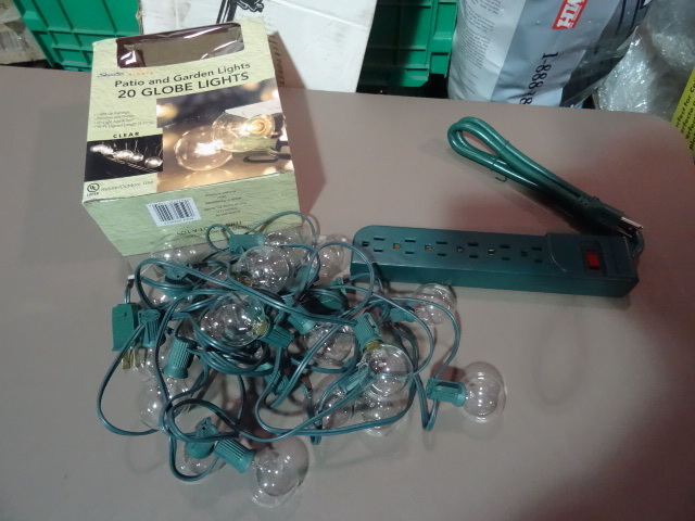 NEW Lot incl 20 Globe Patio and Garden Light Set, open box not tested Plus Monster Power 6 Outlet Power Strip with 6 ft Cord