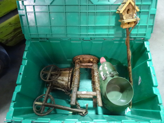 NEW LOT 6 pcs Indoor Outdoor Decorative items. Incl. Metal Frog Planter, Wooden Tricycle Planter, Wooden Stool. Wooden Bird Hose on Stake and Qty 2 Ceramic Bird Houses GREEN BIN NOT INCLUDED
