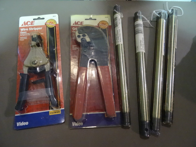 NEW Hardware Lot incl Coax Crimp Tool, Wire Stripper and Qty 4 Antique Brass 12 in Down Rods