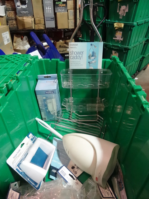 NEW Lot Bathroom Items incl. Shower Caddy, Shower Soap Dispensor, Toilet Brush Set, Toilet Paper Holder and more. GREEN BIN NOT INCLUDED