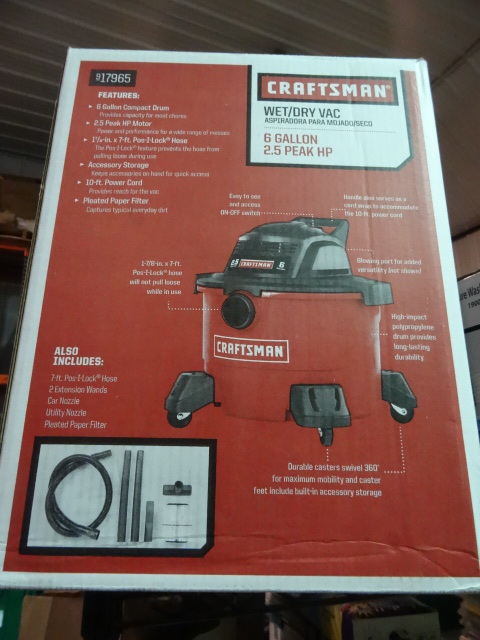 OPEN BOX Craftsman Shop Vacuum 6 gal 2.5 hp. Customer bought it but it did not have enough power for him so he returned it and bought a bigger one. TESTED WORKS pn 917965
