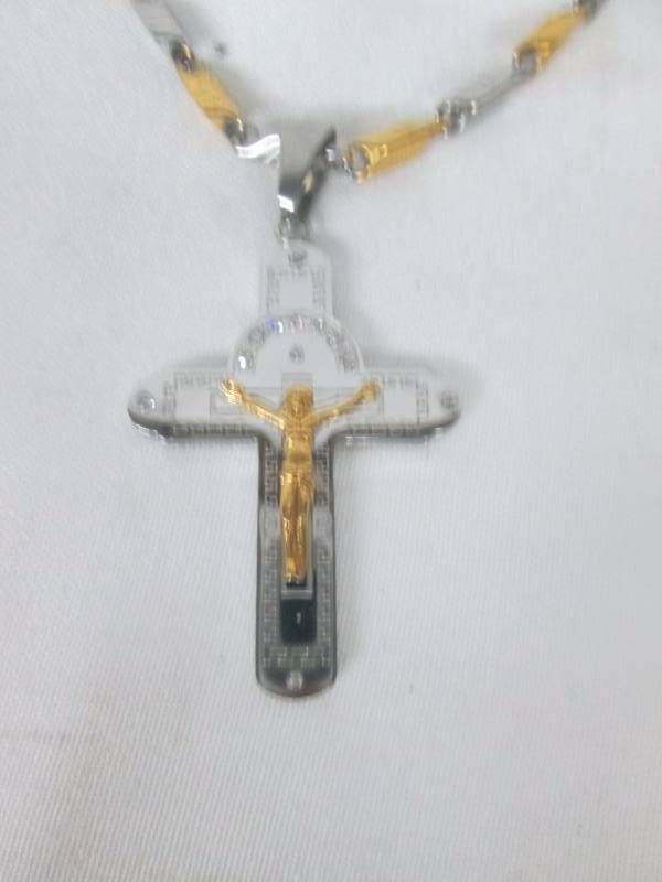 Two Tone Stainless Steel Crystal Crucifix Pendant