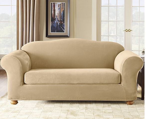lot 48 image: Sure Fit Stretch Pique 2-Pc. Box Cushion Sofa Slipcover Chocolate