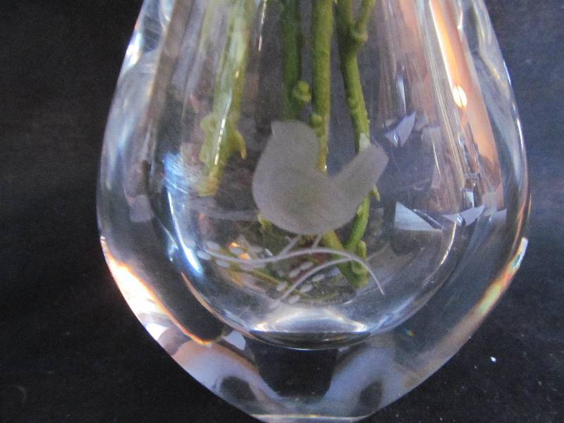 Porcelain Roses in Etched Glass Vase