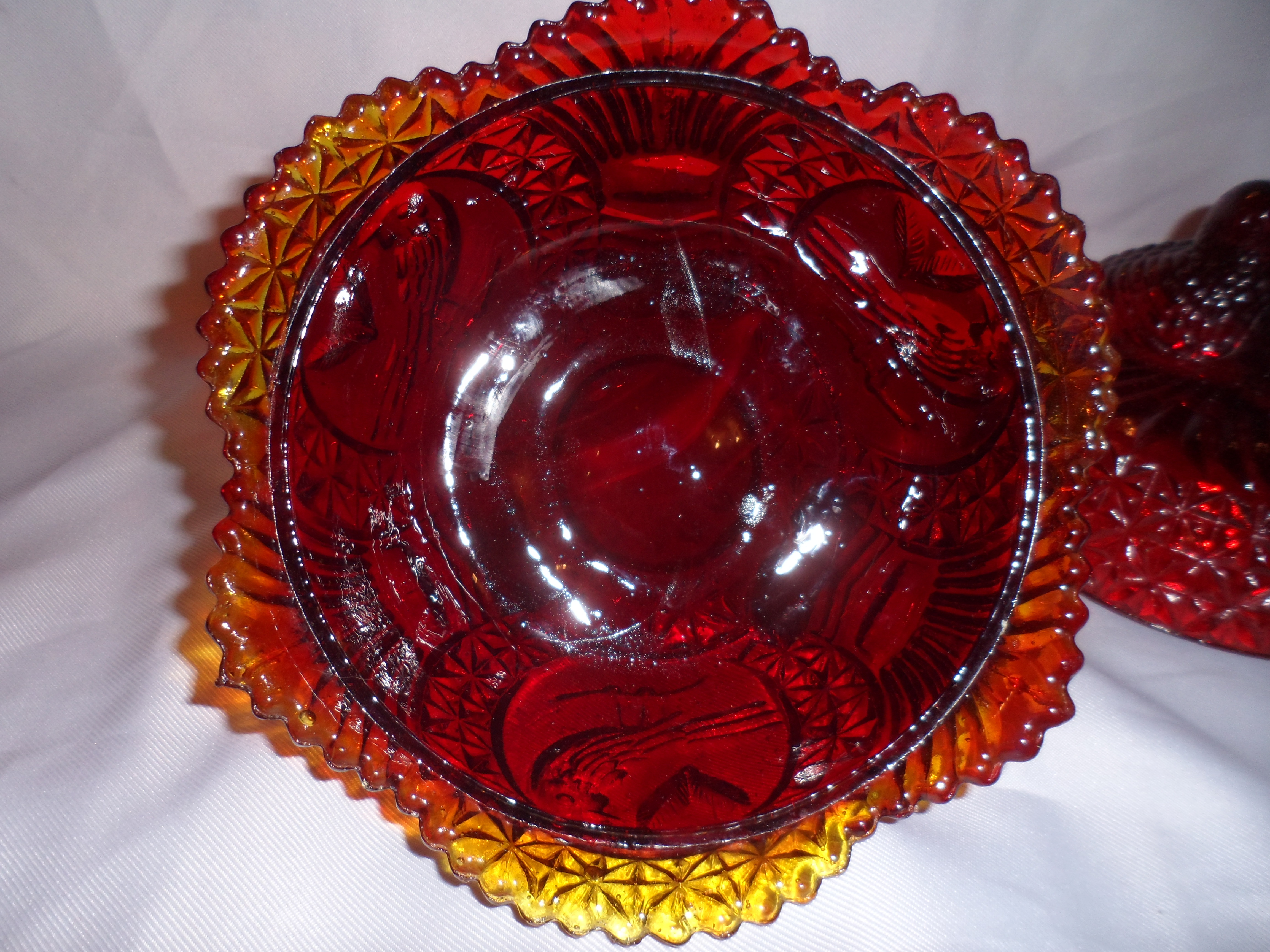 Red Depression Pressed Glass Footed Love BIrds Candy Dish wLid