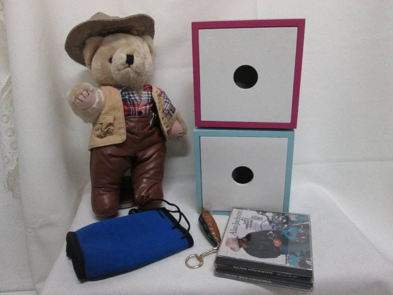 Plush bear on stand, Decorative box...