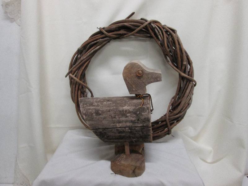 Primitive wooden duck, wreath...