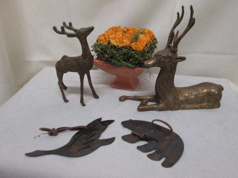 1 pair brass deer figurines, 4 meta...