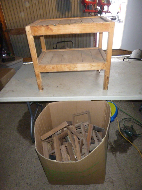 lot 113 image: Wood Shelf and Box Full of Picture Frames