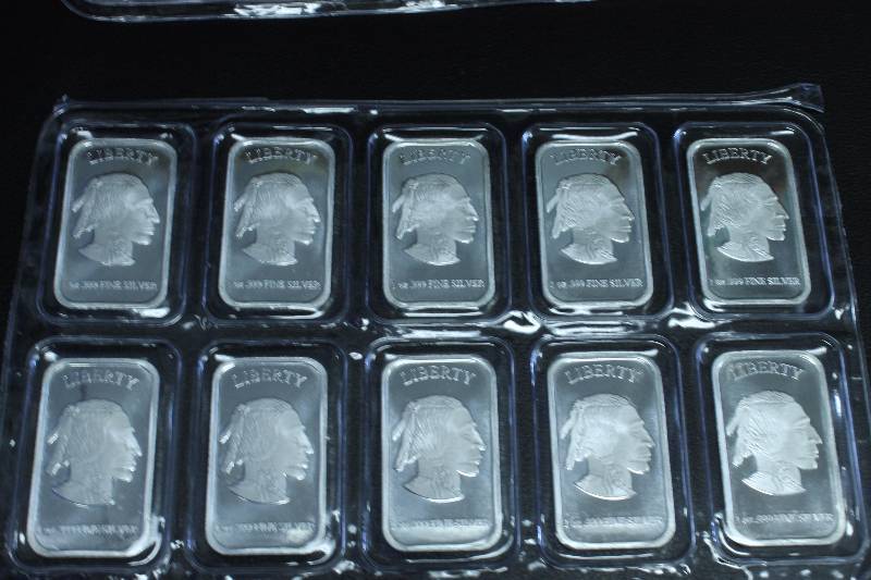 10 - 1 TROY OZ. .999 FINE SILVER BARS INDIAN BUFFALO DESIGN